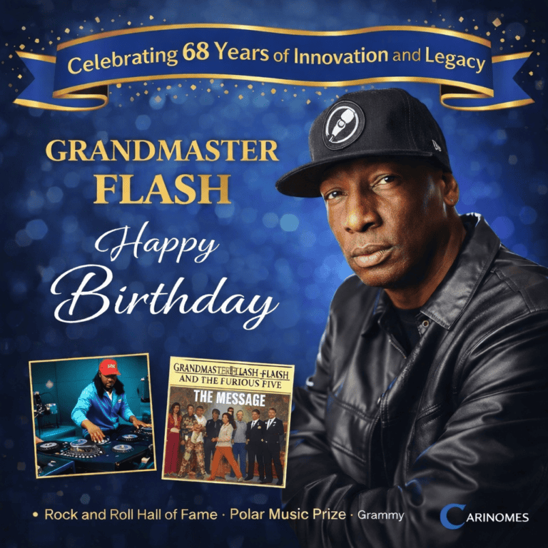 Grandmaster Flash celebrating his 68th birthday, hip-hop pioneer and innovator, featured on Arinomes