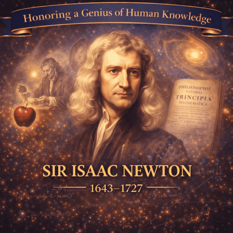 Tribute image honoring Isaac Newton and his enduring scientific legacy in physics, mathematics, and natural philosophy.
