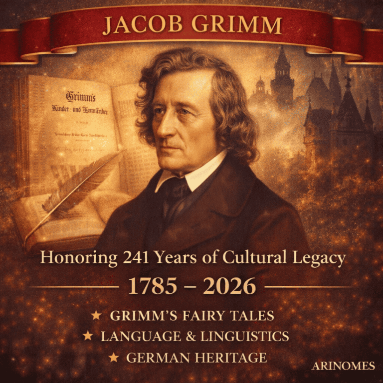 Illustrative tribute honoring Jacob Grimm’s literary legacy and contributions to folklore and storytelling, commemorated in 2026