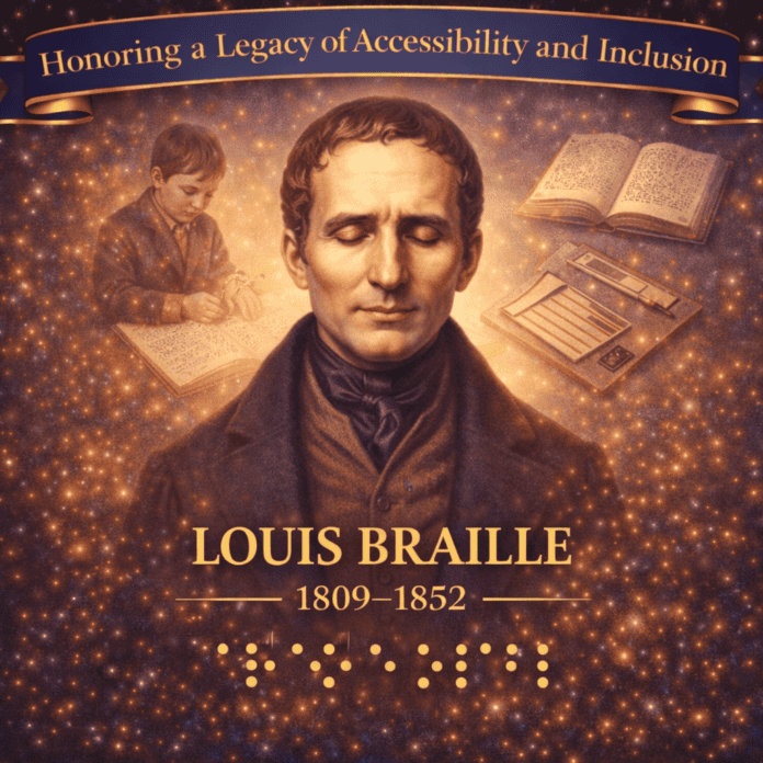 Tribute image honoring Louis Braille and his enduring legacy in literacy, accessibility, and inclusive education.
