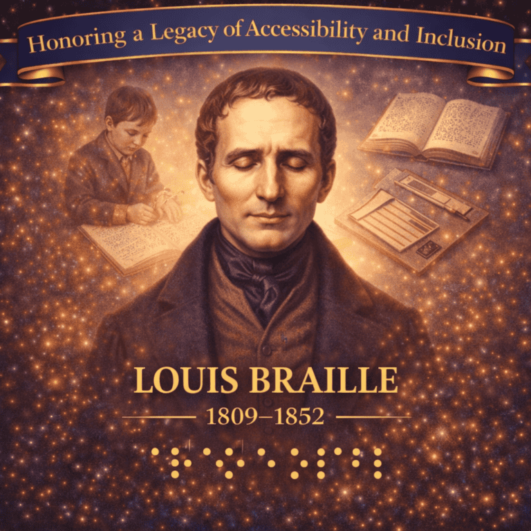 Tribute image honoring Louis Braille and his enduring legacy in literacy, accessibility, and inclusive education.