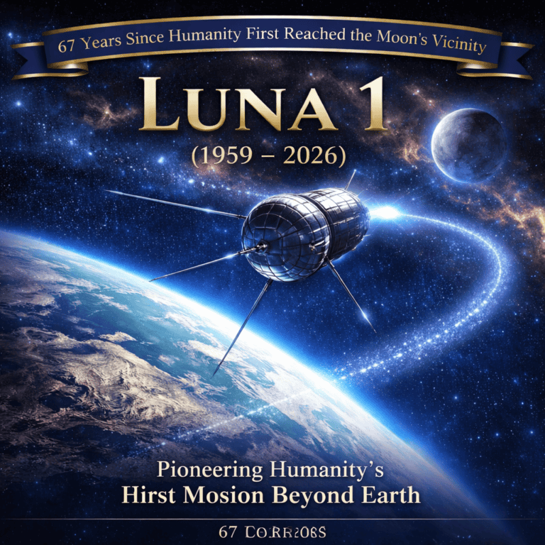 Luna 1 spacecraft illustration commemorating 67 years since humanity’s first mission to the Moon’s vicinity in 1959