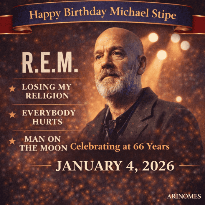 Michael Stipe at 66, honoring his alternative rock legacy as the iconic frontman of R.E.M., Arinomes 2026 tribute.