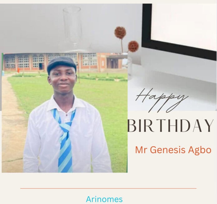 Birthday portrait of Mr. Genesis Agbo, President of the CYON youth organization at St. Mary Catholic Church, Ifo, celebrated by Arinomes