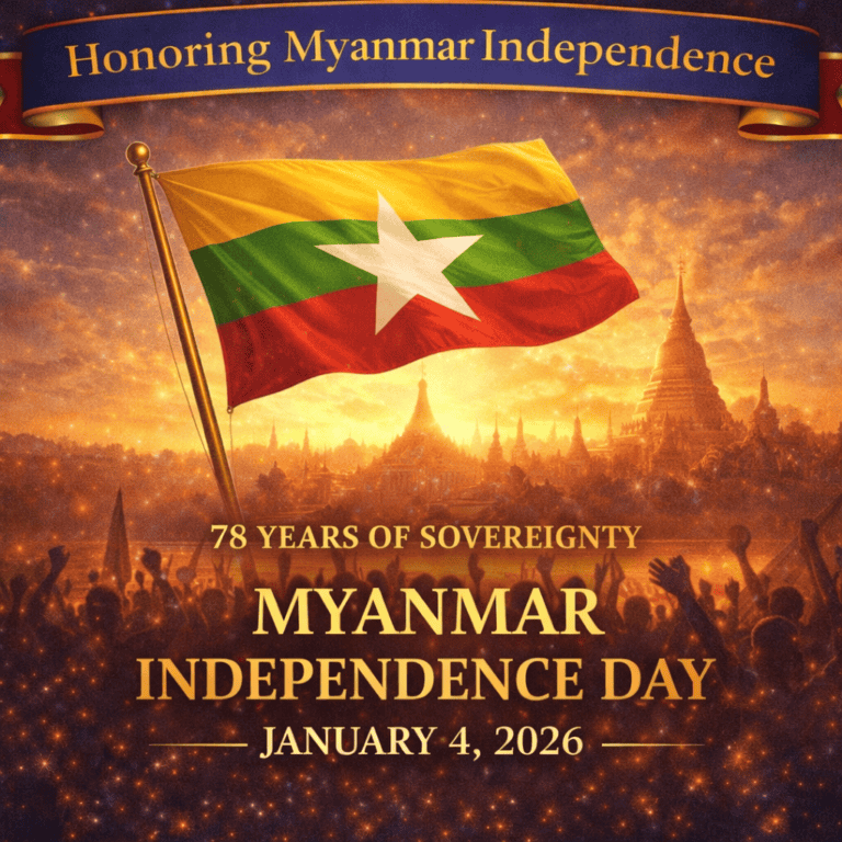 Myanmar Independence Day 2026 commemorating 78 years of sovereignty with the national flag and historic landmarks