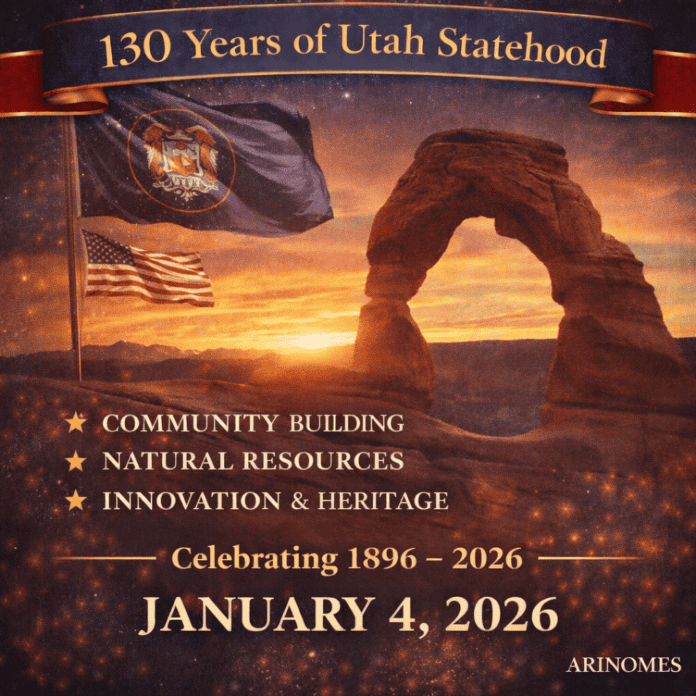 Illustration commemorating Utah becoming the 45th state of the United States, marking its historic statehood milestone in 1896.