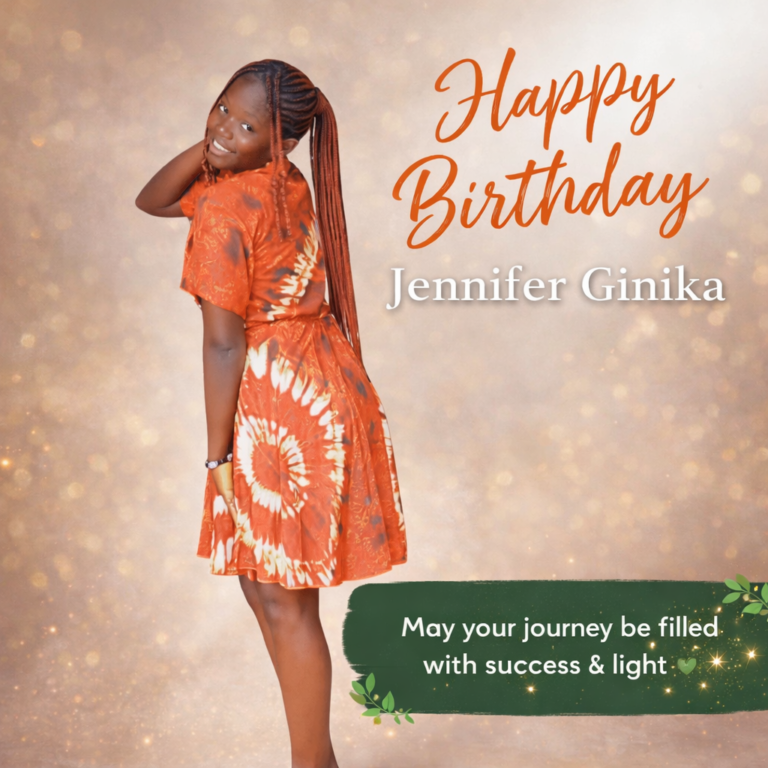 Birthday image of Jennifer Ginika smiling in a styled portrait with elegant background and celebration text